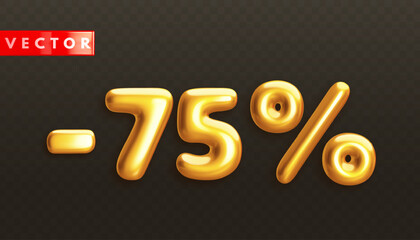 Minus 75%. Metallic seventy five percent. Golden realistic 3d off discount numbers with percentage on black background. Glossy decoration element for promotion sale banner. Vector illustration