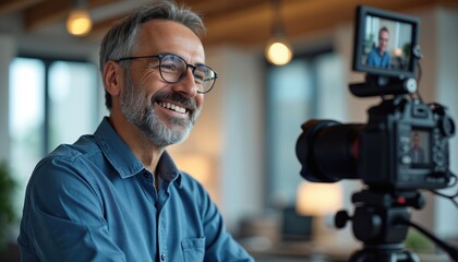 Smiling man records video testimonial. Mature executive in casual shirt speaks to camera on tripod. Modern office interview setup. Confident professional shares insights.