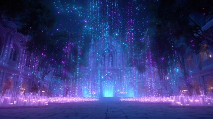 Magical landscape illuminated by vibrant lights, creating enchan