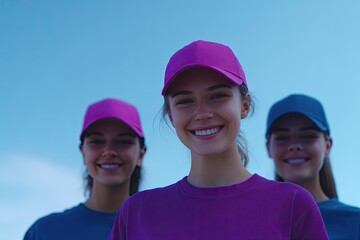 Smiling friends wearing colorful caps against bright blue sky cr