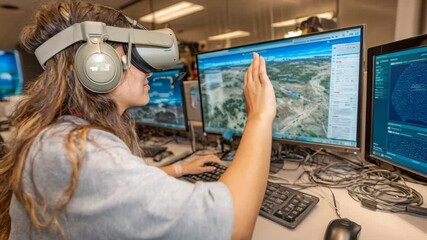 Medium shot of a person wearing a VR headset engaging in a guided interview simulation with realtime coaching prompts visible