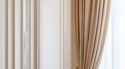 Obraz premium Elegant Interior: Cream curtains frame the light from the window adjacent to classic white wall paneling, creating a serene atmosphere.