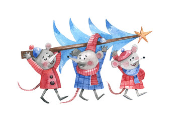 Cute watercolor illustration of three mice carrying a Christmas tree with a star. Hand-painted festive scene full of joy and winter charm, perfect for holiday cards and children’s designs.