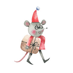 Cute watercolor mouse in a red hat carrying a gift box. Hand-painted Christmas illustration in a whimsical festive style, perfect for holiday cards and children’s designs.