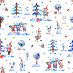Seamless watercolor winter pattern with cute mice in red hats, snowmen, trees, and gifts. Hand-painted festive design full of cozy holiday charm, perfect for children’s decor and Christmas wrapping.