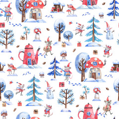 Whimsical watercolor winter pattern with forest animals, red teapot houses, snowmen, trees, and gifts. Playful festive design full of cozy magic, perfect for children’s textiles and holiday decor.