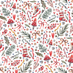 Seamless watercolor Christmas pattern with branches, berries, stockings, bows, candy canes, hearts, and mushrooms. Festive hand-painted design full of cozy holiday charm, perfect for wrapping paper