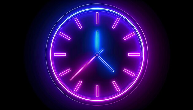 Neon clock, vibrant hues of pink and blue, circular, face, time, digital