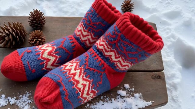 Cozy knitted red and blue winter socks on snowy wooden surface  