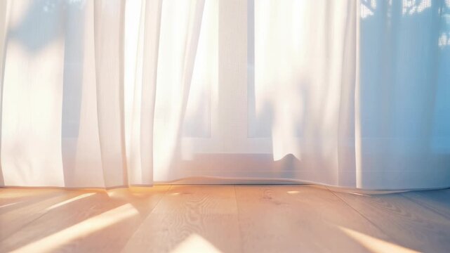 Sheer white curtains swaying in the morning sun. Bright sunlight casting long shadows on a wooden floor. Cozy home interior concept