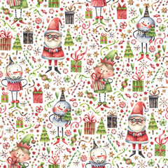 Seamless watercolor Christmas pattern with Santa, elves, snowmen, gifts, and festive decorations. Bright and cheerful holiday design perfect for wrapping paper, textiles, and greeting cards.