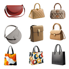 Set of stylish women's handbags - tote, shopper, hobo, bucket, satchel and pouch bags. Trendy leather accessories of different types isolated on white background.