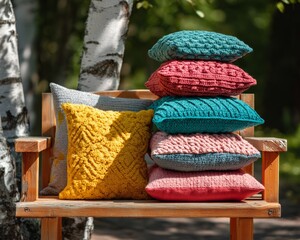 A stack of colorful crocheted or knitted items, possibly scarves or blankets, arranged neatly on a wooden bench in an outdoor setting with trees in the background.