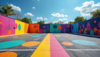 Empty outdoor parking lot with vibrant abstract murals on walls and colorful circles on asphalt. Bright sunny day with blue sky and fluffy clouds overhead.