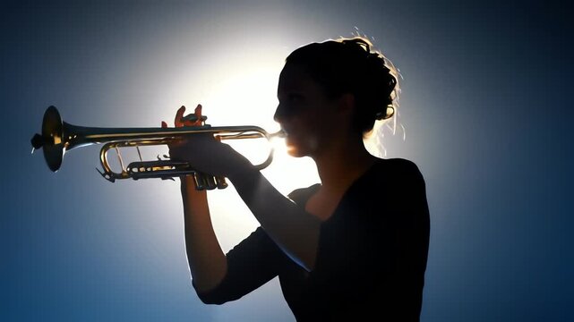 Artistic silhouette of a talented female musician playing the trumpet with bright backlighting