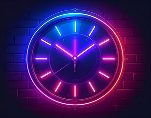 Neon clock on brick wall.  Colorful, round clock with vibrant pink and blue neon outline, mounted on a dark brick wall.  Time displayed.  Modern graphic design