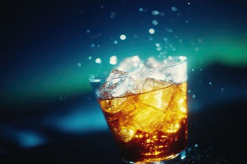 Golden liquid splashes against ice cubes in glass, illuminated b