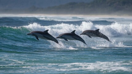 Fototapeta premium Three dolphins are jumping out of the water in a beautiful ocean scene. The dolphins are in the middle of the ocean, and the waves are crashing behind them. The scene is peaceful and serene