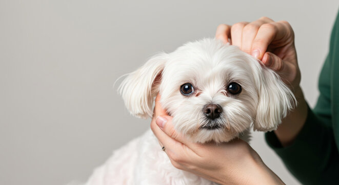 Maltese dog being groomed by hand on light background