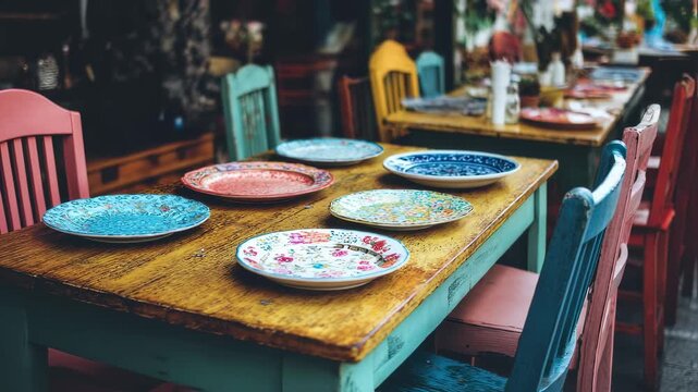 Casual dining setup featuring a wooden table with mismatched chairs colorful plates and relaxed place settings main table in sharp focus against a cozy blurry backdrop.
