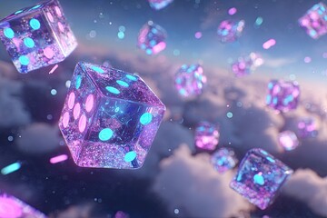 Floating colorful dice glimmer in dreamy sky filled with clouds