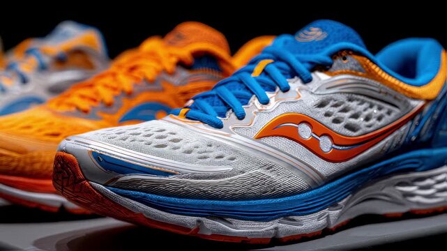 Closeup medium view of sports footwear emphasizing cushioned sole layers in sharp focus blurred surroundings illustrating impact absorption and comfort innovations.