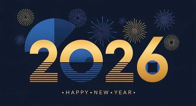 Golden 2026 text with abstract geometric shapes and bokeh lights on a dark blue background celebrating new year