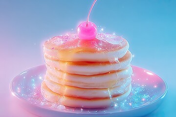 Fluffy pancakes stacked high with pink candle, sparkling with ma