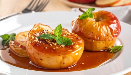 Two caramelized apples, drizzled with syrup, garnished with mint and nuts, sit on a white plate