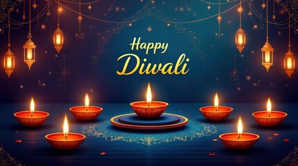 Happy Diwali celebration with lit diyas and lanterns