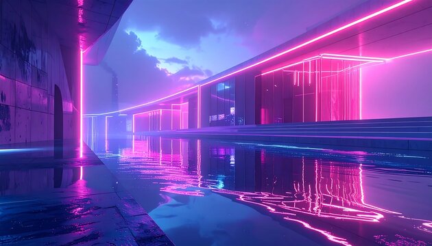Reflective city scene with neon pink and blue lighting - Powered by Adobe