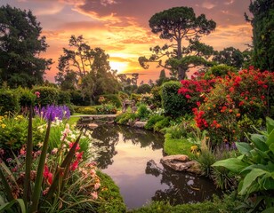 Garden pond reflecting sunset sky vibrant flowers