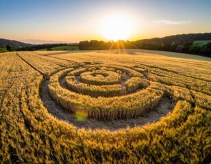 Crop circle spiral formation in golden wheat field at sunset