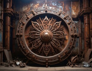Steampunk vault door with intricate rusty metal details