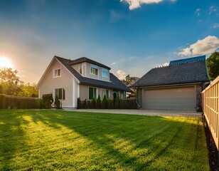 Obraz premium a house with a green lawn and a garage the house is surrounded by a fence the sun is shining on the house and the lawn