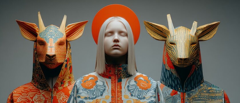 Thrilling night of costumes and cocktails. Surreal composition. Vividly dressed celebrants sipping on specialty cocktails. Artistic distortion. Abstract beauty.