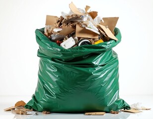 Obraz na płótnie Canvas Green trash bag overfilled with household garbage. Cardboard, plastic, paper waste spill from top, sides. Messy refuse pile shows pollution problem, eco issue for environment. Disposal collection