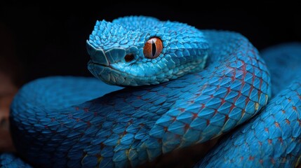 Fototapeta premium A bright blue viper is coiled on a branch its textured scales glimmering in the dim light. The snakes vivid color contrasts with its dark surroundings drawing attention to its unique features.