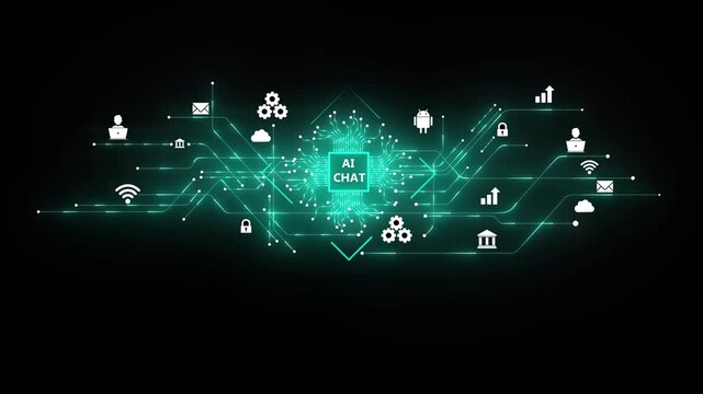 Artificial Intelligence processor unit. Powerful Quantum AI chat with icons transfers. Modern technology innovation showcasing AI chip and circuit design in vibrant colors 4k motion motion video.
