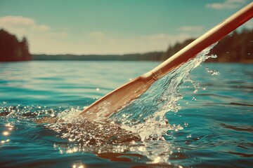 Paddle breaking water surface creates dynamic ripples under brig