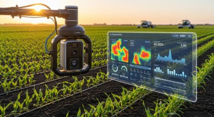 Medium shot of AIpowered camera scanning crops for pests with realtime data visualization on a nearby screen in a modern agricultural setting.