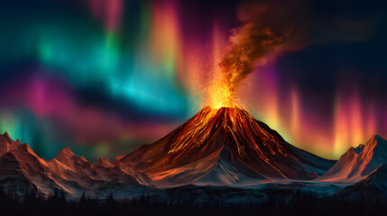 Stunning volcano erupts under vibrant auroras lighting up the night sky in a breathtaking landscape