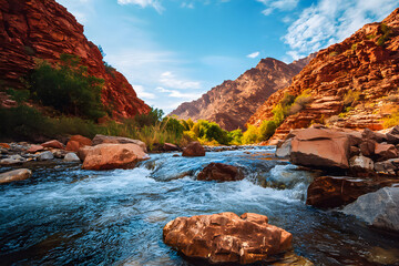 Beautiful river flows through rocky canyon with vibrant vegetation under a clear blue sky
