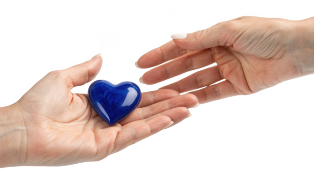 Hand passing a blue heart shaped stone isolated on transparent background