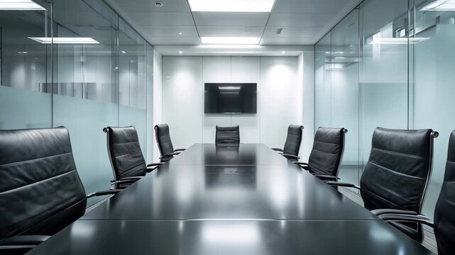 Video zooming in on a large, elegant, modern conference room with a black table and black chairs.