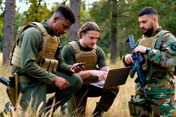 Three young adult men, including Black and Caucasian soldiers, wearing tactical gear, kneeling and standing outdoors, using laptop and smartphone, holding rifle, collaborating on mission