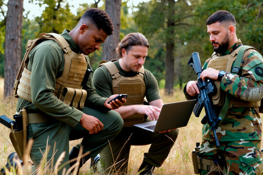 Three young adult men, including Black and Caucasian soldiers, wearing tactical gear, kneeling and standing outdoors, using laptop and smartphone, holding rifle, collaborating on mission