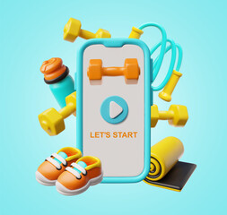 Lets start sport time 3D cartoon plastic style vector application design, workout, training exercises online service