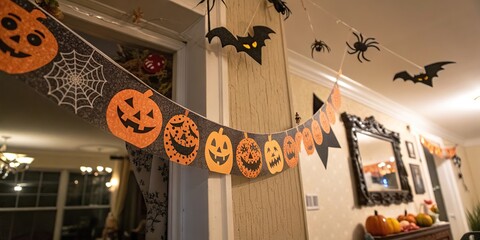 Halloween indoor decoration with paper pumpkins bats and spiders garland.