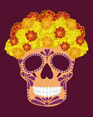Day of the Dead skull in a festive wreath of marigolds, a symbol for a traditional Mexican holiday